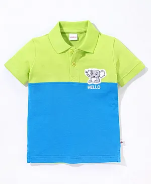 Babyhug Cotton Knit Half Sleeves Colour Block T-Shirt Baby Elephant Applique - Green & Blue