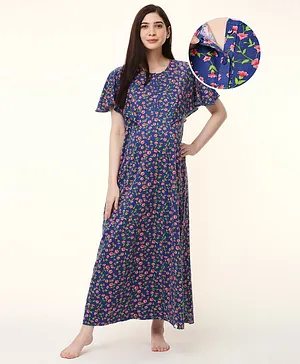 Bella Mama Cotton Knit Floral Printed Half Sleeves Nighty with Front Placket - Navy