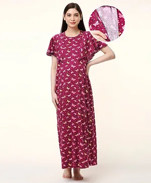 Bella Mama Cotton Knit Butterfly Printed Half Sleeves Nighty with Concealed Zipper - Maroon