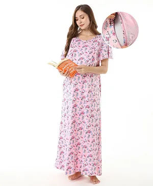 Bella Mama Cotton Half Sleeves Floral Print Nursing & Maternity Nighty with Concealed Zipper - Pink