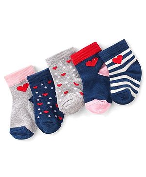 Cute Walk by Babyhug Ankle Length Anti-Bacterial Socks Stripes & Heart Design Pack of 5 - Grey & Blue