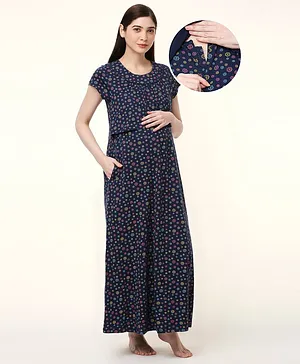 Bella Mama Cotton Knit Half Sleeves Floral Printed Nursing & Maternity Nighty with Concealed Zipper - Navy
