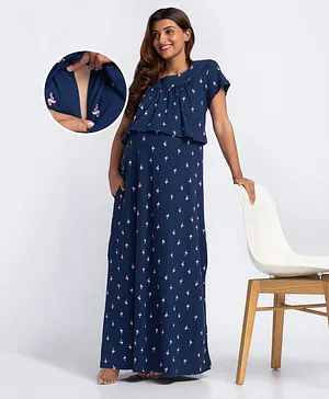 Bella Mama Cotton Knit Flamingo Printed Half Sleeves Nighty with Front Concealed Zipper - Navy