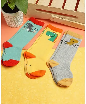 PASSION PETALS Pack Of 3 Dinosaur Design Detailed Socks - Yellow Green & Grey