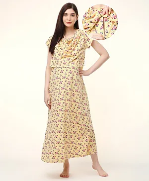 Bella Mama Cotton Knit Half Sleeves Floral Printed Nursing & Maternity Nighty with Concealed Zipper Floral Print - Yellow