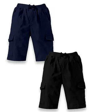 Kiddopanti Pack Of 2 Solid Cargo  Shorts- Jet Black & Navy Blue