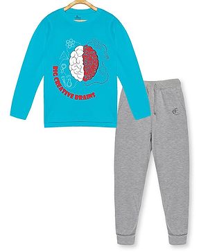 Kiddopanti Full Sleeves Big Creative Brains & Space Rocket  Printed Tee With Track Pant - Blue & Grey