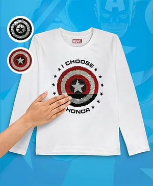 Kidsville Full Sleeves Captain America I Choose Honor Featured Reversible Sequins Detail T Shirt - White