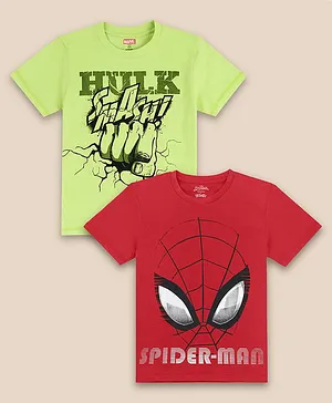 Kidsville Pack Of 2 Half Sleeves Marvel Spider Man & Hulk Featured Tees - Red & Green