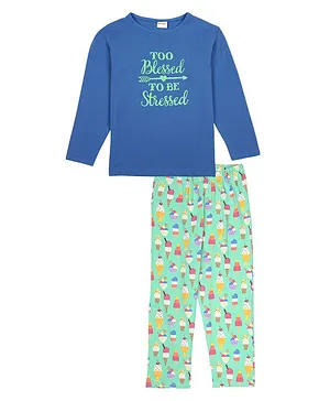 RAINE AND JAINE Half Sleeves Too Blessed To Be Stressed And Ice Cream Printed Night Suit - Blue Green