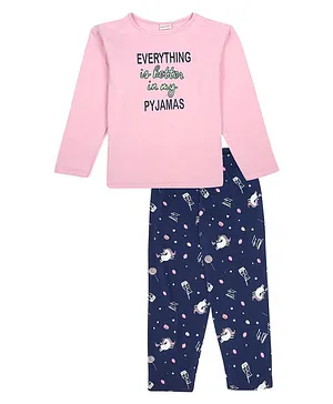 RAINE AND JAINE Half Sleeves Everything Is Better In My Pyjamas And Unicorn Printed Night Suit - Blue Pink