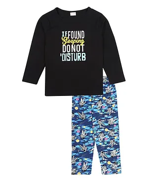 RAINE AND JAINE Full Sleeves If Found Sleeping Do Not Disturb And Space Printed Night Suit - Blue Black