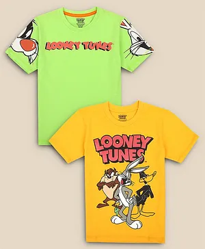 Kidsville Pack Of 2 Half Sleeves Looney Tunes Printed T Shirts - Green Yellow