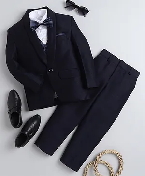 Jeet Ethnics Full Sleeves Solid Coat & Seamless Woven Design Detailed Waistcoat Suit Set - Navy Blue