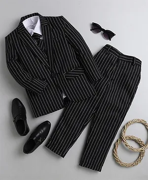 Jeet Ethnics Full Sleeves Striped Four Piece Coat Suit - Black