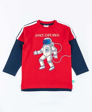JusCubs Full Sleeves Astronaut Printed Tee - Red & Navy Blue