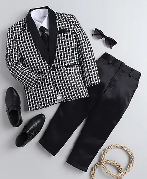 Jeet Ethnics Full Sleeves Weave Style Checkered Four Piece Coat Suit - Black