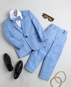 Jeet Ethnics Full Sleeves Checkered Four Piece Coat Suit - Blue