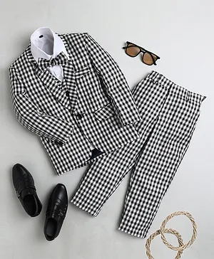Jeet Ethnics Full Sleeves Checkered Four Piece Coat Suit - Black