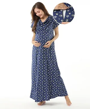 Bella Mama 100% Cotton Half Sleeves Floral Print Nursing & Maternity Nighty with Concealed Zipper - Navy Blue