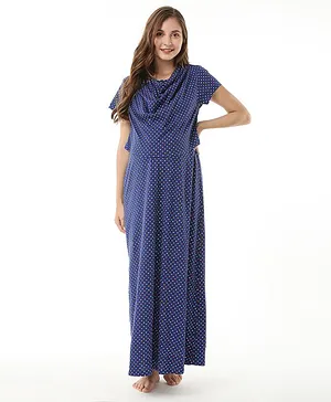 Bella Mama Cotton Knit Half Sleeves Polka Dots Printed Nighty with Concealed Zipper - Navy
