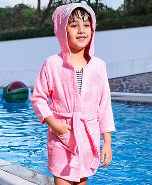 Babyhug Cotton Knit Hooded Towel Princess Embroidery - Pink