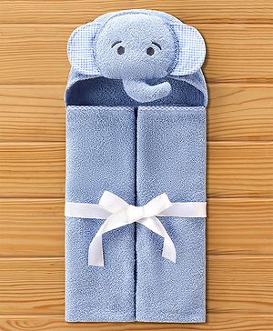 Babyhug Elephant Headed Cotton Knit Hooded Towel - Blue