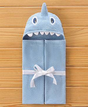 Babyhug Shark Headed Cotton Knit Hooded Towel - Blue