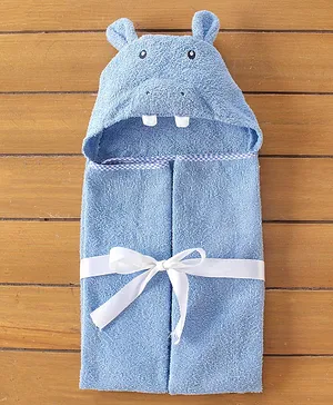 Babyhug Terry Hippo Embroidery Hooded Towel - Blue