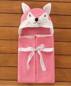 Babyhug Hooded Terry Towel Fox Embroidery - Pink