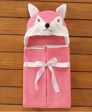 Babyhug Hooded Terry Towel Fox Embroidery - Pink