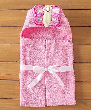 Babyhug Terry Butterfly Embroidery Hooded Towel - Pink