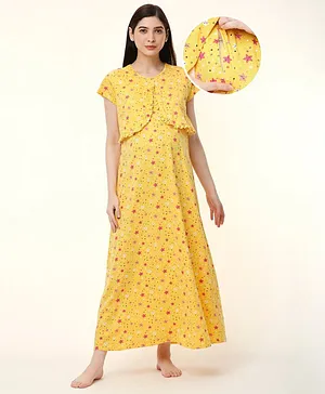 Bella Mama Cotton Knit Stars Printed Half Sleeves Nighty with Covered Shrug Panels for Nursing - Yellow