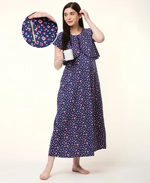 Bella Mama Cotton Knit Floral Printed Half Sleeves Nighty with Covered Shrug Panels for Nursing - Navy