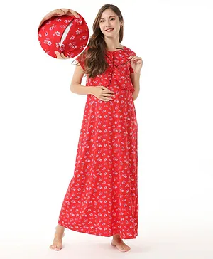 Bella Mama Cotton Half Sleeves Floral Print Nursing & Maternity Nighty with Concealed Zipper - Red