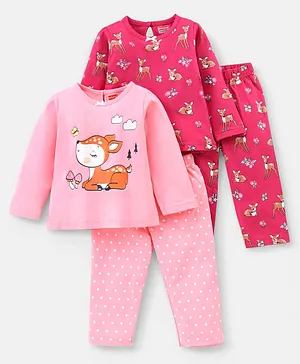 Babyhug Cotton Full Sleeves Night Suit Deer Print Pack Of 2 - Pink & Red
