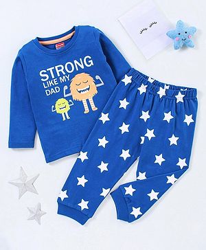 Babyhug Cotton Knit Full Sleeves Night Suit Star Print  - Blue