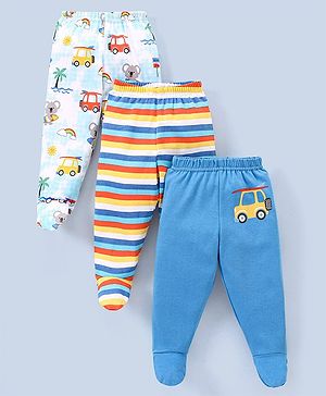 Babyhug Cotton Knit Footed Length Bootie Leggings Striped & Cars Print Pack of 3 - Multicolour