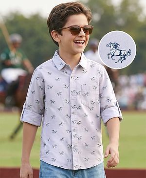 Pine Kids Full Sleeves Horse Print Shirt With Soft Hand Feel Cotton- Blue