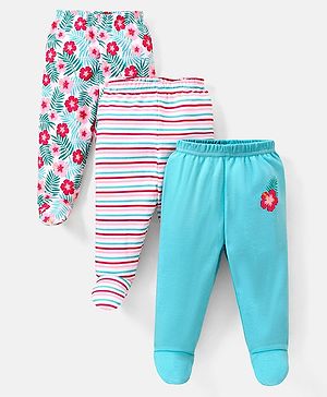Babyhug Cotton Knit Footed Length Bootie Leggings Striped & Floral Print Pack of 3 - Multicolour