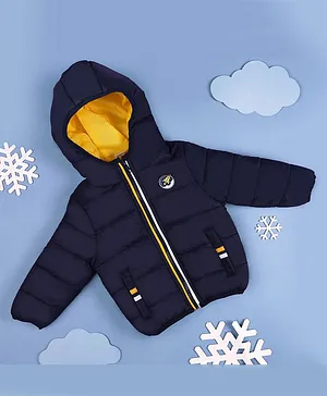 Kicks & Crawl Full Sleeves Space Rocket Patched Puffer Jacket - Navy Blue