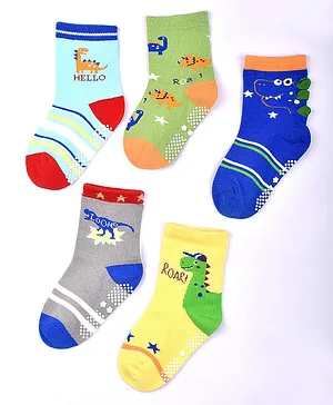 Footprints Organic Cotton Pack Of 5 Pairs Unisex Anti Skid Dinosaur & Dog Design Socks - Multi Colour