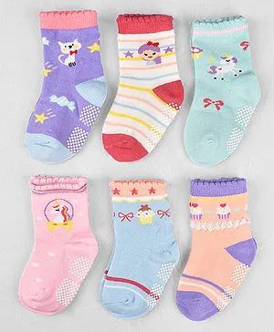 Footprints Pack Of 6 Organic Cotton Striped With Cupcake & Unicorn Designed Anti Skid Socks - Pink & Blue