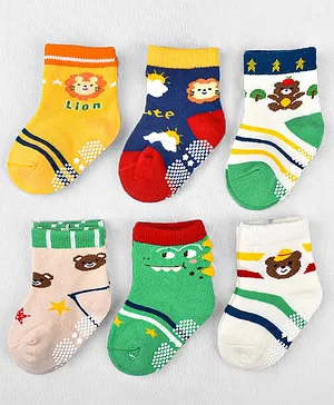 Footprints Pack Of 6 Organic Cotton Striped With Teddy & Lion Designed Anti Skid Socks - Multi Colour