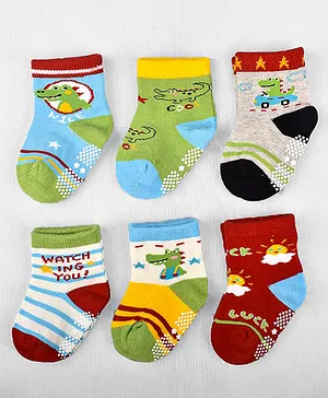 Footprints Pack Of 6 Organic Cotton Striped With Dinosaur Theme Designed Anti Skid Socks - Red & Green