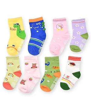 Footprints Organic Cotton Antiskid Pack Of 8 Animal Detailed Socks - Multi Colour
