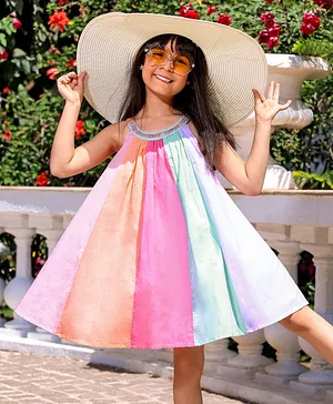 Babyhug 100% Cotton Cambric Sleeveless Solid Color Woven Frock With Embroidery Detailing At Neck - Multicolor