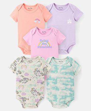 Bonfino 100% Cotton Half Sleeves Onesies Rainbow and Unicorn Print Pack of 5 - Multicolour