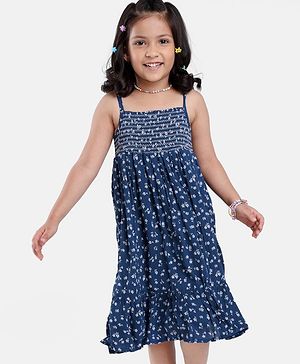 Babyhug 100% Viscose Sleeveless Floral Print Frock with Cotton Lining - Navy Blue