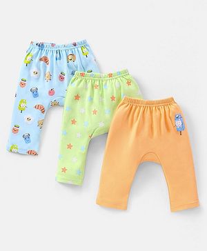 Babyhug Cotton Full Length Diaper Pants Stars & Milk Print Pack Of 3- Orange & Green
